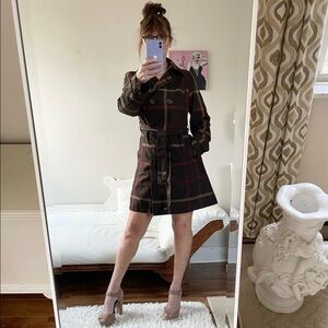 MERONA WATER REPELLANT TRENCH COAT TAN BROWN RED PLAID POCKETS BELT